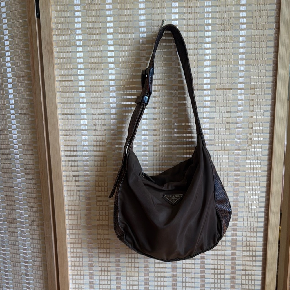 Prada Brown Crescent Shoulder Bag with Textured Fabric